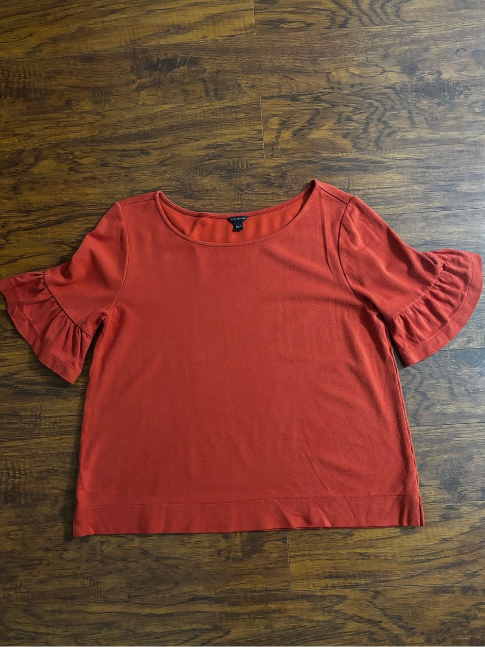 Ann Taylor Ruffled Short-Sleeve Top Burnt Dark Orange Fall Scoop Neck Blouse
